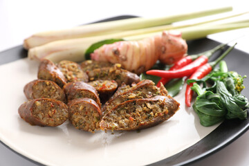 Local Northern Thai food , Northern Thai spicy sausage street food isolated in white background