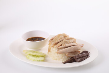 Thai food gourmet steamed chicken with rice , khao mun kai in wood background