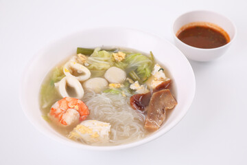 Local food , Thai sukiyaki soup isoated in white background street food