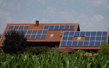 A photovoltaic system on a residential building. Every possible area is equipped with panels here.