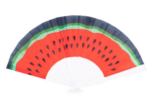 Watermelon folding fan, isolated on white background. Decorative hand or handheld fan with summer fruit.