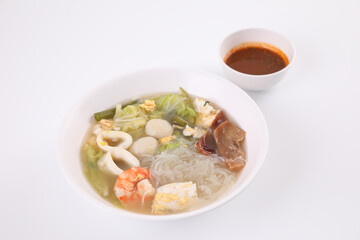 Local food , Thai sukiyaki soup isoated in white background street food