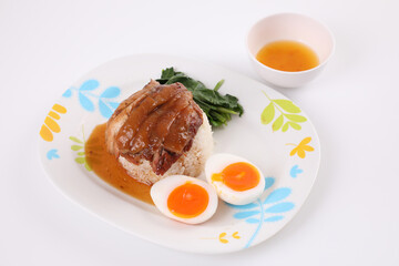 stewed pork leg with rice local Thai food street food isolated in white background