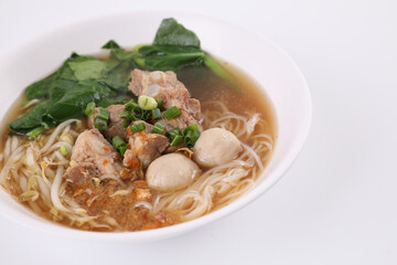 Local Thai food , Noodle with meat ball and pork isolated in white background