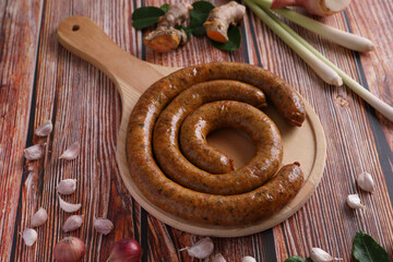 Local Northern Thai food , Northern Thai spicy sausage street food isolated in white background