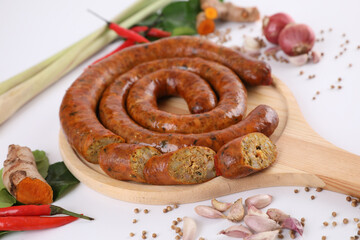 Local Northern Thai food , Northern Thai spicy sausage street food isolated in white background