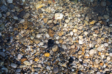 Texture of river pebbles half under water.