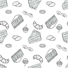 Seamless pattern with doodle elements. Hand drawn vector repeat design with piece of cake, macaroon, biscuit, cupcake, cup of tea, coffee. For wallpapers at cafe, coffee shop, bakery or confectionery