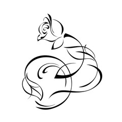 ornament 1244. decorative element with a rose flower bud on a stem with leaves and curls in black lines on a white background