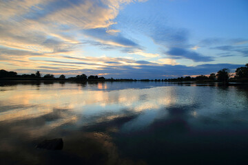 Colorful sunset by the Odra River, Poland.