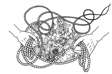 Isolated vector illustration of hand drawn human hands with rope And flowers. Hands holding rope. Friendship. Partnership. Relationship. Outline. Stroke.