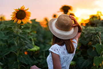 A woman in a hat stands in a sunflower field at sunset.   Beautiful sunset. 