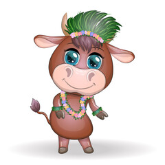 Cute bull character on white background. Cheerful ox dancing. 2021 Lunar Year animal symbol.