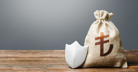 Turkish lira money bag and protection shield. Ease doing business. Recovery after crisis....