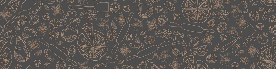 Foto op Canvas Pizza seamless web banner. Doodle food objects isolated on grey background. Vector illustration. © Alisa
