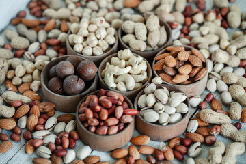 Assorted nuts for a background
Almond, walnut,cashew, pistachios, hazelnuts, peanuts, Macadamia
Collection of different varieties of nuts. Composition with dried fruits
Healthy food. Organic.