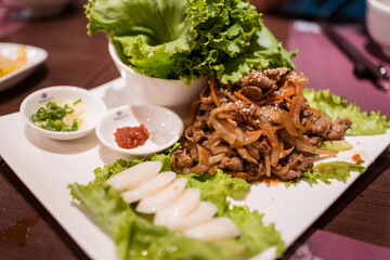 Delicious Thai food served in restaurant