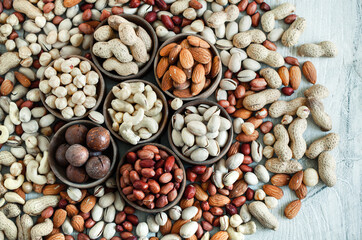 Assorted nuts for a background
Almond, walnut,cashew, pistachios, hazelnuts, peanuts, Macadamia
Collection of different varieties of nuts. Composition with dried fruits
Healthy food. Organic.