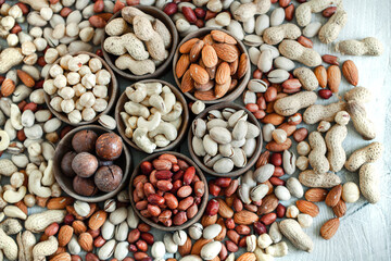 Assorted nuts for a background
Almond, walnut,cashew, pistachios, hazelnuts, peanuts, Macadamia
Collection of different varieties of nuts. Composition with dried fruits
Healthy food. Organic.