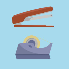 The  red stapler and the grey-blue automatic tape