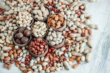 Assorted nuts for a background
Almond, walnut,cashew, pistachios, hazelnuts, peanuts, Macadamia
Collection of different varieties of nuts. Composition with dried fruits
Healthy food. Organic.