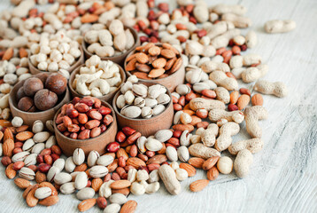 Assorted nuts for a background
Almond, walnut,cashew, pistachios, hazelnuts, peanuts, Macadamia
Collection of different varieties of nuts. Composition with dried fruits
Healthy food. Organic.