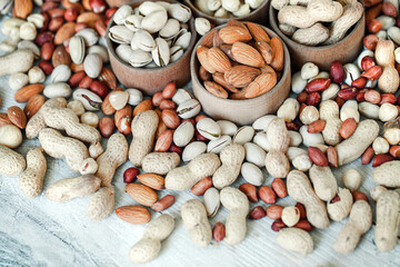 Assorted nuts for a background
Almond, walnut,cashew, pistachios, hazelnuts, peanuts, Macadamia
Collection of different varieties of nuts. Composition with dried fruits
Healthy food. Organic.