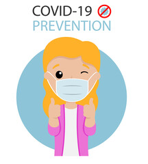 Girl with mask with his hands doing okay. Prevention covid-19. isolated vector