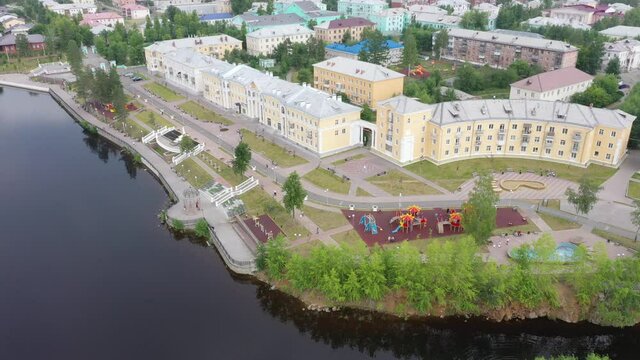Picturesque embankment on the banks of the Turia River in the city of Krasnoturinsk. View from above. Russia