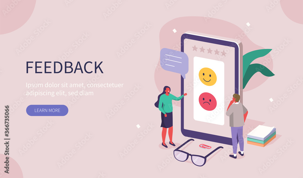 Poster people characters giving feedback. clients choosing satisfaction rating and leaving positive or nega