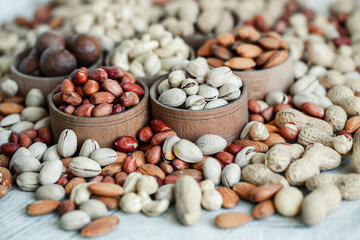 Assorted nuts for a background
Almond, walnut,cashew, pistachios, hazelnuts, peanuts, Macadamia
Collection of different varieties of nuts. Composition with dried fruits
Healthy food. Organic.