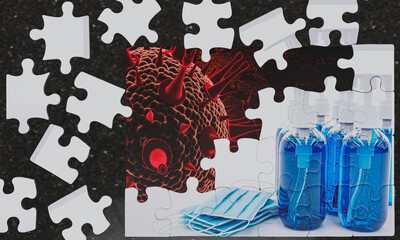 jigsaw picture overlap, the background is a Coronal Covid-19 virus and the picture above is a puzzle mask and an alcohol gel. Conceptual image of preventing germs with virus masks. 3D Rendering