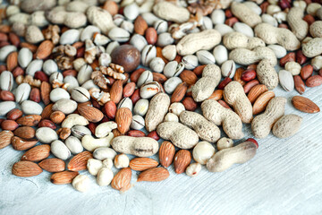 Assorted nuts for a background
Almond, walnut,cashew, pistachios, hazelnuts, peanuts, Macadamia
Collection of different varieties of nuts. Composition with dried fruits
Healthy food. Organic.