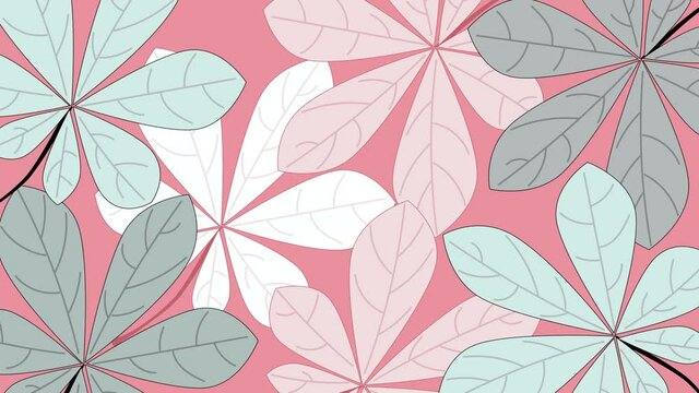 Colourful pink, grey and green floral background, frame of beautiful chestnut tree leaves. Animation. Hand drawn. Copy space. 