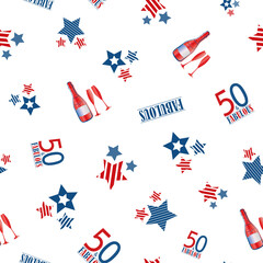 Fototapeta premium Fifty and fabulous seamless vector pattern background. Red, blue, white backdrop with typography ,striped stars,champagne bottles, glasses. Americana style design for birthday, business anniversary