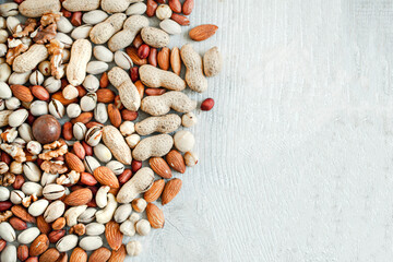 Assorted nuts for a background
Almond, walnut,cashew, pistachios, hazelnuts, peanuts, Macadamia
Collection of different varieties of nuts. Composition with dried fruits
Healthy food. Organic.