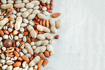 Assorted nuts for a background
Almond, walnut,cashew, pistachios, hazelnuts, peanuts, Macadamia
Collection of different varieties of nuts. Composition with dried fruits
Healthy food. Organic.