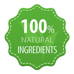 Natural Ingredients 100 percent green label with a seam icon isolated on white background. Healthy foods. Vector illustration