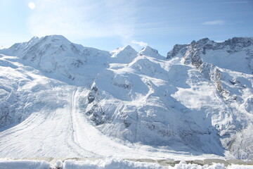 Beautiful views of Monte Rosa covers of white snows, Gornergrat, Zermatt, Switzerland, Europe