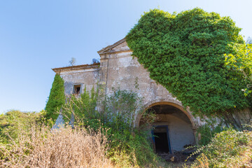 Fototapeta na wymiar Abandoned church in ruins of Hermits Monks. Convent building from Portugal with tree growing inside.