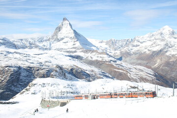 Beautiful and pure famous Matterhorn covers of white snow, looking from Rotenboden and Riffelberg, Zermatt, Switzerland, Europe