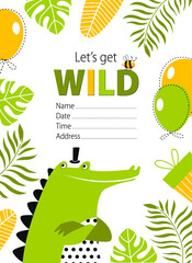 Vector bright card with crocodile. Birthday Invitation. Poster, postcard, invitation. Baby Shauer. Wild party. Tropical party.

