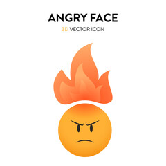3d angry face and flame icon. Vector illustration of an angry face and burning flame overhead with trendy and bright color gragient. Emoticon anger sign with frown eyebrows and red forehead