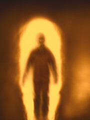 Blurred silhouette of man against fire portal