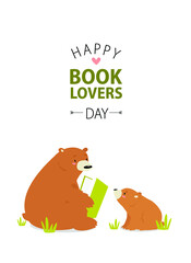 Vector card with bears "Happy book lovers of the day." Poster, postcard, invitation. Mom Bear reads a book to a little bear.
