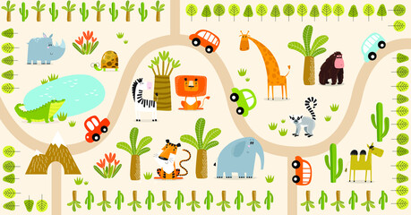 Vector tropical maze with animals in safari park. Cartoon tropical animals. African animals. Road in a safari park. Game for children. Children's play mat.
- 366738864