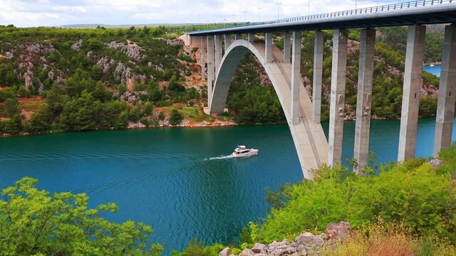 Picturesque morning view of Sibenik Bridge. Nice summer scene of Krka National Park, Skradin town location, Croatia, Europe.. Full HD video (High Definition).