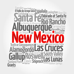 List of cities in New Mexico USA state, map silhouette word cloud, map concept background