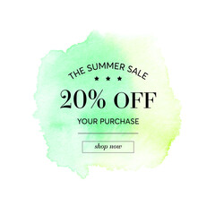 Summer Sale 20% off sign over green watercolor art paint abstract background vector. 