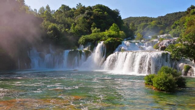 Summer view of Skradinski Buk  waterfall. Exotic morning scene of Krka National Park, Lozovac village location, Croatia, Europe. Beautiful world of Mediterranean countries. Full HD video (High Definit